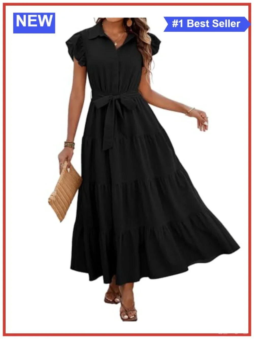 Women's Ruffle Sleeve Boho Maxi Dress with Pockets Belted